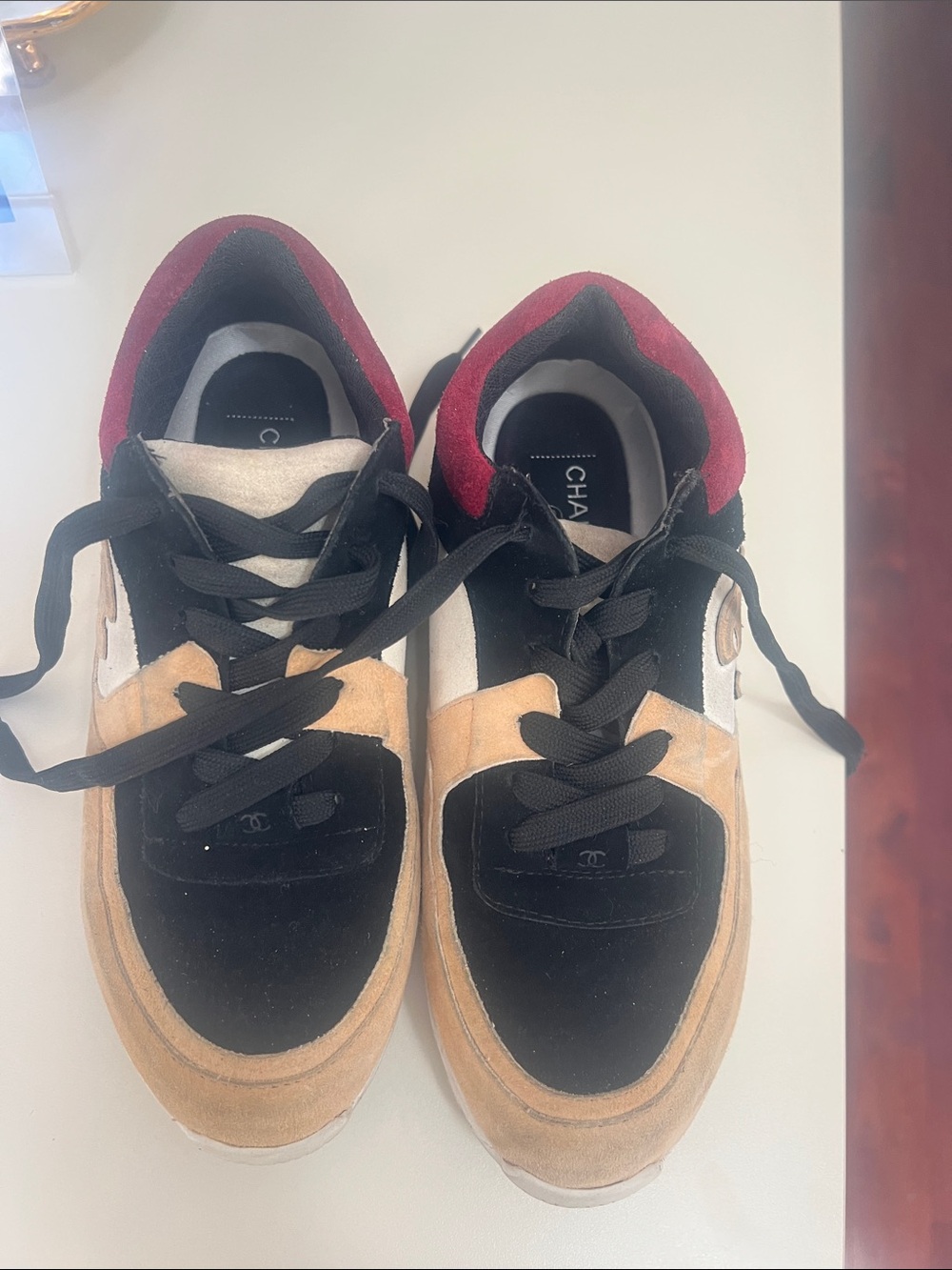 CHANEL Black, Beige & Burgundy Suede Leather Sneakers